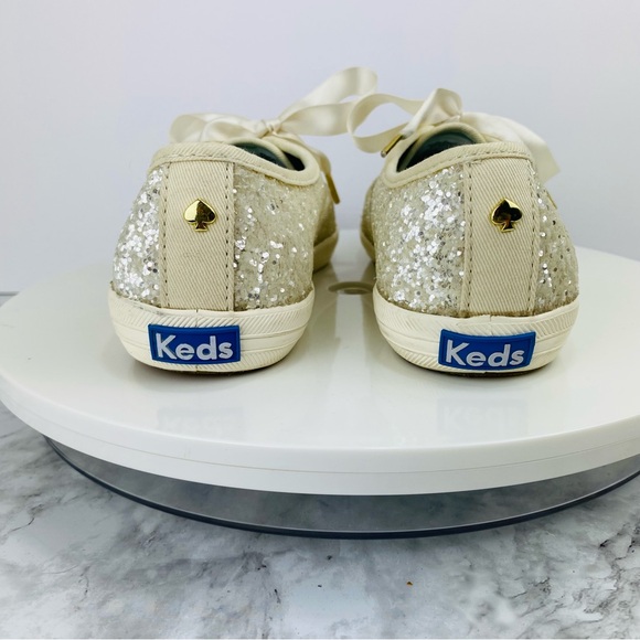 Kate Spade Keds Sneakers Womens 5.5 White Cream Satin Lace Glitter Dipped Bridal - Picture 5 of 8